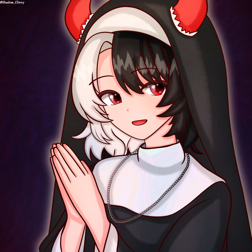 1girl absurdres black_hair black_veil commentary cow_horns dark_background english_commentary highres horns looking_at_viewer multicolored_hair nun own_hands_clasped own_hands_together red_eyes red_horns shadow_chevy short_hair solo split-color_hair touhou traditional_nun twitter_username two-tone_hair ushizaki_urumi veil