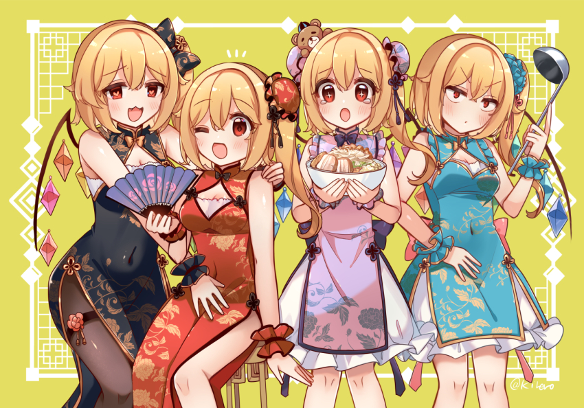 4girls :d :o ;d alternate_costume bear_hair_ornament black_bow black_dress black_pantyhose black_shoes blonde_hair blue_dress bow bowl breasts brown_shoes china_dress chinese_clothes cleavage closed_mouth commentary_request covered_navel cowboy_shot double_bun dress flandre_scarlet folding_fan food four_of_a_kind_(touhou) hair_bow hair_bun hair_ornament hand_fan hand_on_another&#039;s_shoulder heart heart-shaped_pupils holding holding_bowl holding_fan holding_ladle kirero ladle long_hair looking_at_viewer multiple_girls noodles one_eye_closed open_mouth pantyhose pelvic_curtain pink_dress pout purple_shoes ramen red_dress red_eyes shoes single_hair_bun sitting sleeveless sleeveless_dress small_breasts smile standing stool symbol-shaped_pupils tearing_up thigh_strap touhou v-shaped_eyebrows wings wrist_cuffs yellow_background