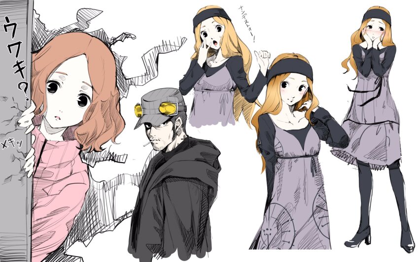 1boy 2girls black_pantyhose blonde_hair blush closed_mouth dress hat headband highres iwai_munehisa long_hair looking_at_viewer mifune_chihaya multiple_girls nakano_maru okumura_haru open_mouth pantyhose persona persona_5 simple_background smile white_background