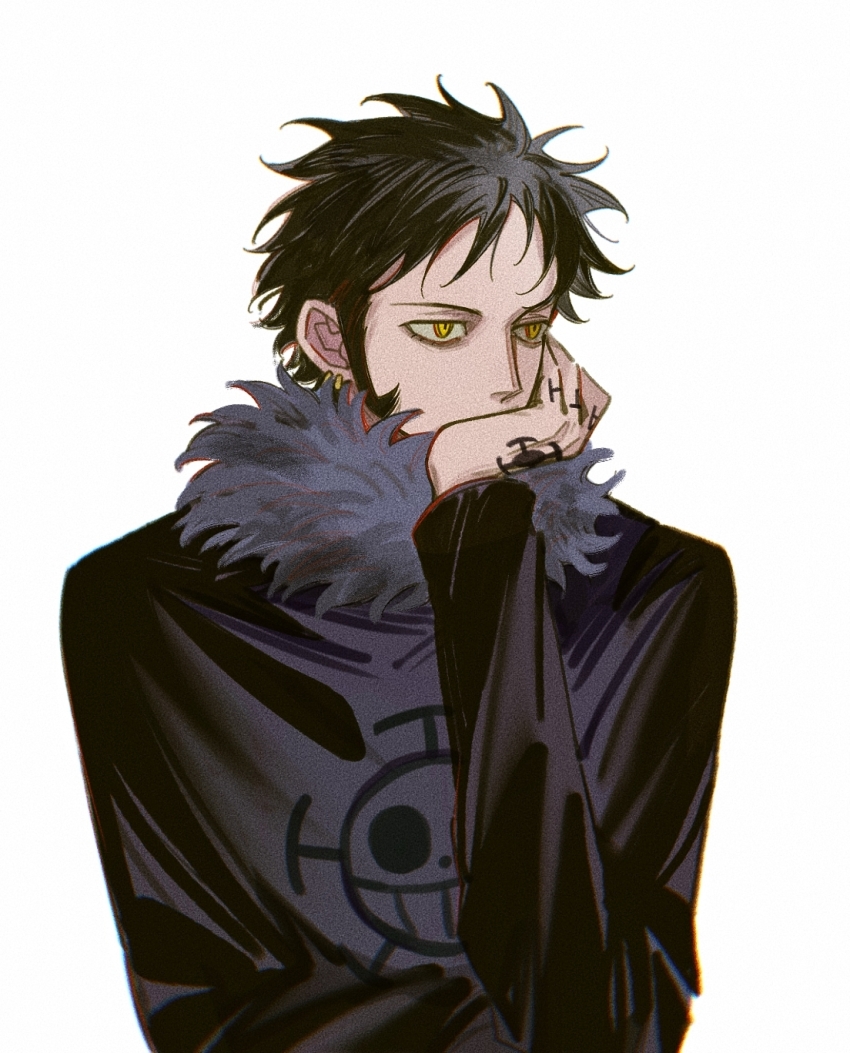 1boy black_fur black_hair black_shirt chinese_commentary commentary_request covered_mouth earrings finger_tattoo fur-trimmed_collar fur_trim grey_background hand_on_own_face hand_tattoo heart_pirates_jolly_roger highres jewelry jo_jun jolly_roger long_sleeves looking_ahead male_focus multiple_earrings one_piece piercing shirt short_hair sideburns simple_background solo tattoo trafalgar_law upper_body yellow_eyes