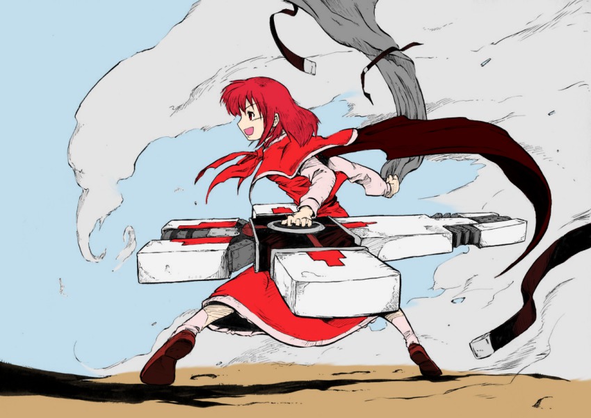 1girl bow cape colorized cosplay cross female_focus gun nicholas_d._wolfwood nicholas_d_wolfwood_(cosplay) okazaki_yumemi open_mouth pandemonium parody phantasmagoria_of_dim.dream red_eyes red_hair sky smoke solo touhou touhou_(pc-98) trigun weapon