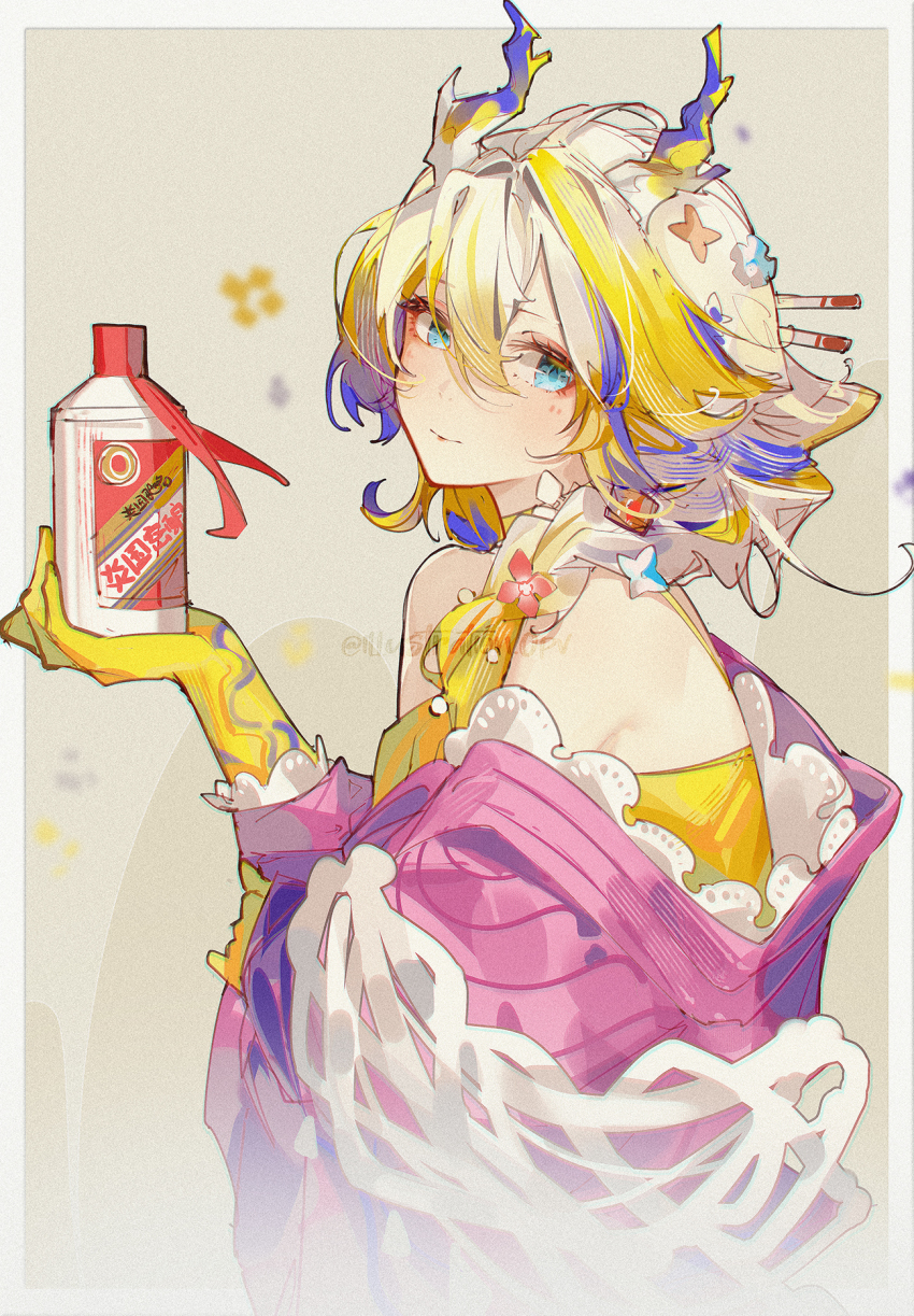 1girl aqua_eyes arknights blonde_hair blue_hair bottle brand_name_imitation closed_mouth colored_extremities commentary dragon_horns hair_between_eyes hair_ornament hair_stick highres holding holding_bottle horns looking_at_viewer multicolored_hair openvl shu_(arknights) shu_(spring_feast)_(arknights) solo upper_body white_hair yellow_hands
