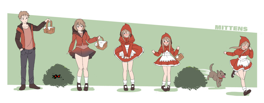 1boy 1girl age_regression aged_down basket blush brown_eyes brown_hair closed_eyes dog dress genderswap genderswap_(mtf) highres little_red_riding_hood original running transformation twintails zrav7853