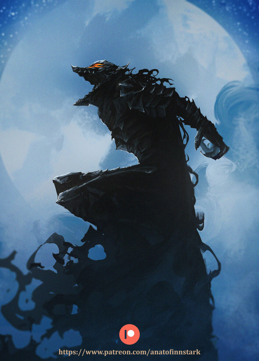 1boy anato_finnstark armor artist_name berserk berserker_armor black_armor breastplate clawed_gauntlets full_armor full_moon gauntlets greatsword greaves guts_(berserk) helm helmet highres howling moon patreon_logo patreon_username pauldrons red_eyes shoulder_armor solo sword watermark weapon web_address