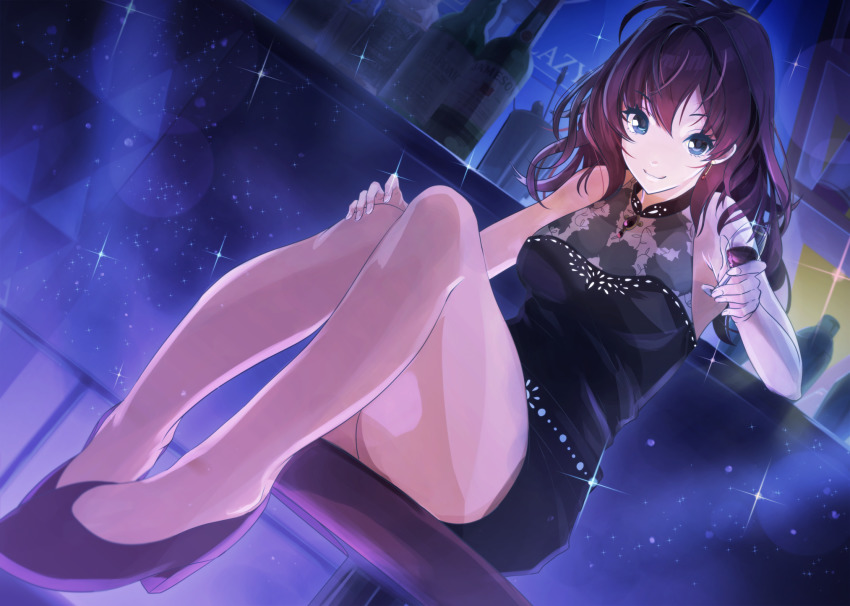 1girl ahoge bar_stool black_dress black_footwear blue_eyes bottle breasts brown_hair cleavage commentary_request crazy_crazy_(idolmaster) cup dress drinking_glass female_focus from_below hair_between_eyes highres holding holding_cup ichinose_shiki idolmaster idolmaster_cinderella_girls long_hair looking_at_viewer medium_breasts messy_hair see-through_cleavage see-through_clothes short_dress sitting sleeveless sleeveless_dress smile solo stool yanasan_0873