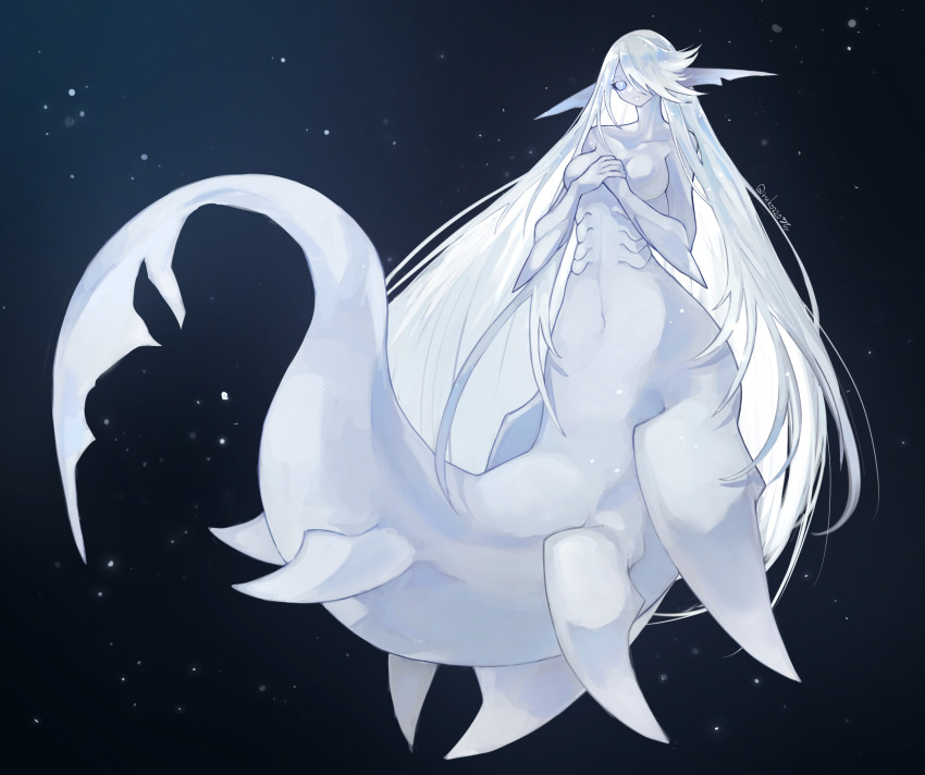 1girl blue_sclera bubble colored_sclera colored_skin dark_background fins gills gradient_background grey_skin hands_on_own_chest highres long_hair mermaid monster_girl original own_hands_together pointy_ears ruteko_(ruko220) shark_girl underwater white_eyes white_hair