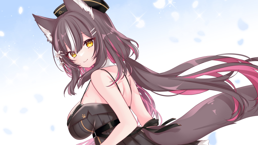 1girl ama_natsuko animal_ears bare_arms bare_shoulders belt black_dress black_hat breasts brown_hair chisaka_airi closed_mouth colored_inner_hair commission detached_collar dress floating_hair flower from_behind from_side hair_flower hair_ornament hat large_breasts long_hair looking_at_viewer looking_back low_twintails multicolored_hair phase_connect skeb_commission sleeveless sleeveless_dress smile solo spaghetti_strap strap_gap streaked_hair tail twintails two-tone_hair very_long_hair virtual_youtuber wolf_ears wolf_girl wolf_tail yellow_eyes