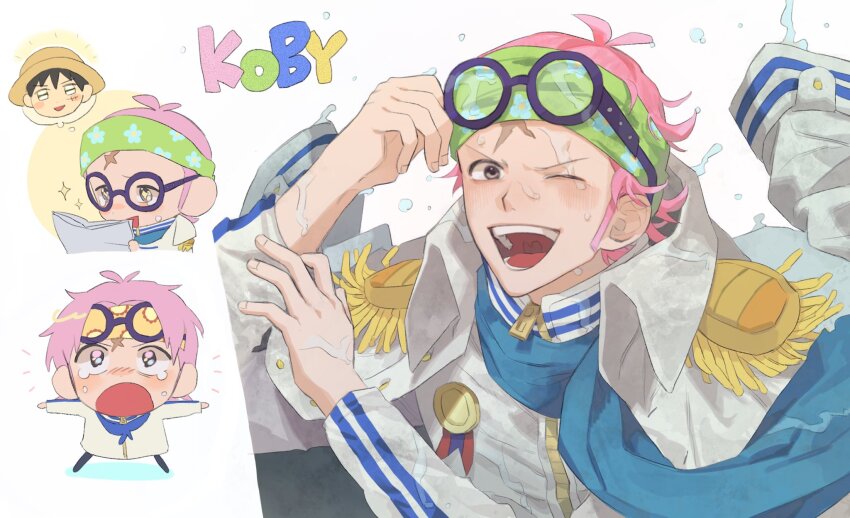 2boys black_hair blue_neckerchief character_name chibi coat coat_on_shoulders commentary eyewear_on_head glasses headband highres koby_(one_piece) korean_commentary male_focus medal monkey_d._luffy multiple_boys multiple_views neckerchief one_eye_closed one_piece open_mouth pink_hair scar scar_on_face short_hair sideburns smile sparkle water4829