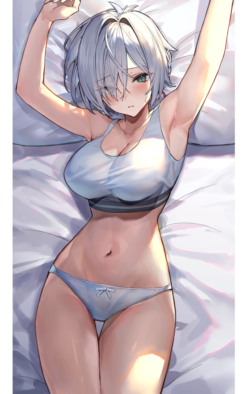 1girl absurdres armpits arms_up bare_arms bare_shoulders blush bow bow_panties breasts cleavage commentary_request cowboy_shot green_eyes grey_hair hair_intakes highres kabi_(zcwd8845) large_breasts lying navel on_back original paid_reward_available panties parted_lips short_hair sleeveless solo stomach thigh_gap thighs underwear white_panties