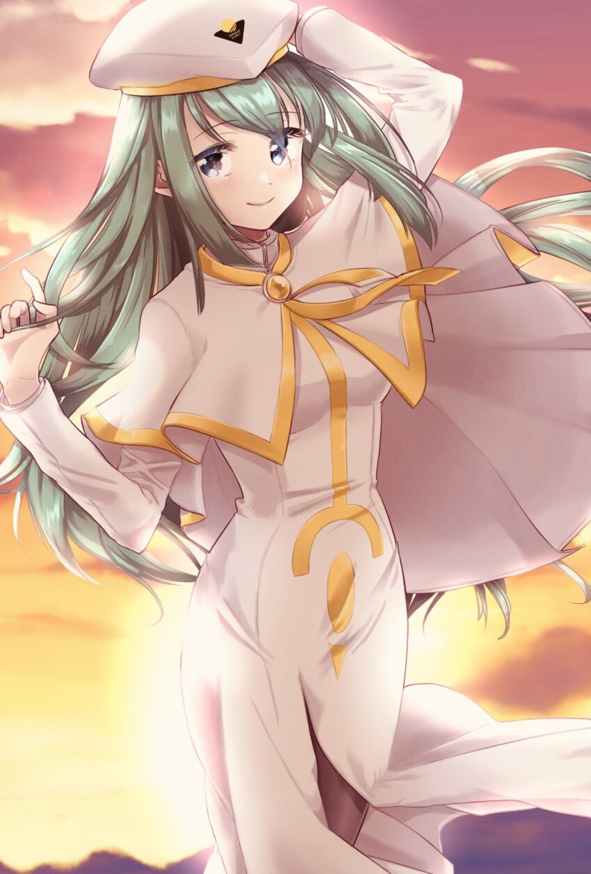 1girl alice_carroll aogirism aria_(manga) arm_up beret black_pantyhose blue_eyes breasts capelet closed_mouth commentary_request dress feet_out_of_frame gold_trim gradient_sky green_hair hair_between_eyes hand_up hat highres impossible_clothes impossible_dress long_hair long_sleeves looking_at_viewer neckerchief orange_planet_uniform orange_sky outdoors pantyhose purple_sky side_slit sidelocks sky small_breasts smile solo standing sunset thighs very_long_hair white_capelet white_dress white_hat yellow_neckerchief