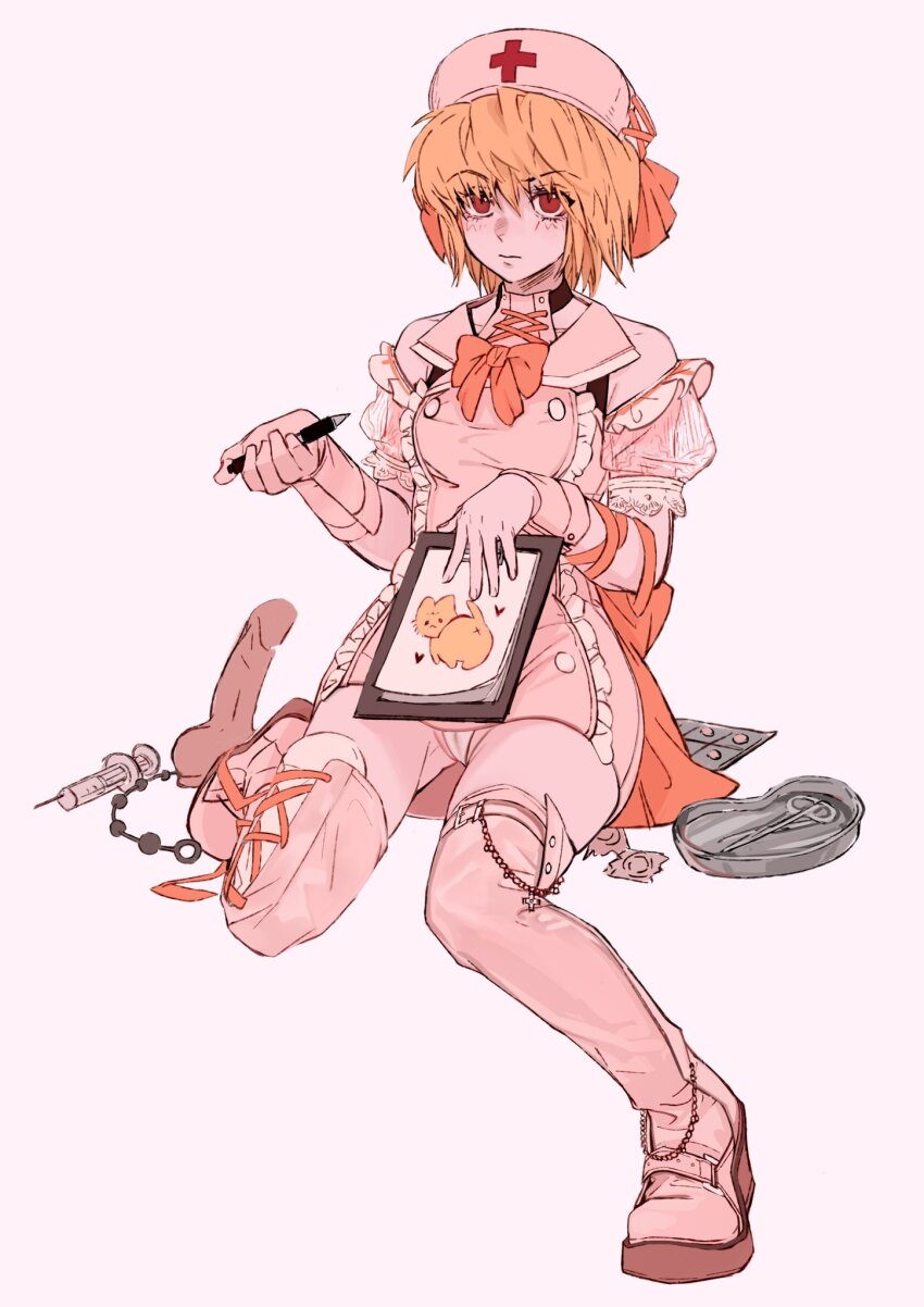1boy alternate_costume androgynous bare_shoulders blonde_hair boots bow cameltoe clipboard commentary condom crossdressing crossdressing_(mtf) cuntboy cuntboy_only dildo dress frills full_body gloves hat highres holding holding_clipboard holding_pen hunter_x_hunter ik18166181ik kurapika looking_at_viewer male_focus medium_hair needle nurse nurse_cap orange_bow orange_ribbon pen pink_boots pink_dress pink_gloves puffy_short_sleeves puffy_sleeves red_eyes ribbon sex_toy short_sleeves simple_background sitting solo symbol-only_commentary white_background