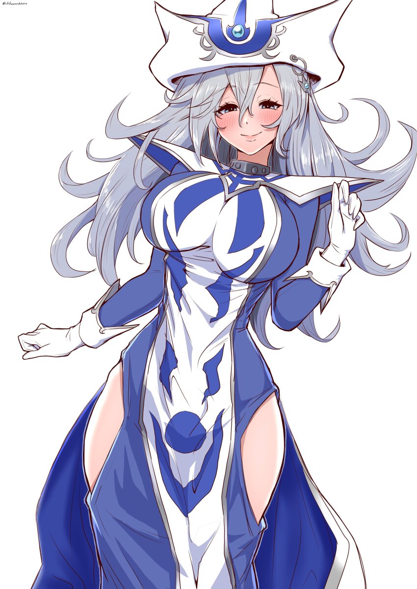 1girl absurdres artist_name blue_dress blush breasts chikuwandahuru dress duel_monster gloves grey_hair hat highres hip_vent large_breasts long_hair silent_magician simple_background smile tabard white_background white_gloves white_hat white_tabard wizard yu-gi-oh!