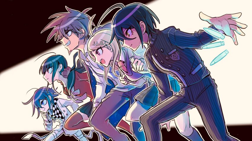 2girls 3boys ahoge akamatsu_kaede black_hair black_jacket blunt_bangs brown_hair bullet buttons checkered_clothes checkered_scarf collared_jacket collared_shirt commentary_request danganronpa_(series) danganronpa_v3:_killing_harmony double-breasted dynamic_pose eyelashes facial_hair flipped_hair fortissimo from_side goatee hair_between_eyes hair_ornament hair_scrunchie harukawa_maki highres jacket kumakoro_(tetsupag) leaning_forward long_hair long_sleeves low_twintails momota_kaito multiple_boys multiple_girls musical_note musical_note_hair_ornament necktie oma_kokichi open_clothes open_mouth outline pants pink_sweater_vest pink_vest pinstripe_jacket pinstripe_pants pinstripe_pattern pleated_skirt profile purple_eyes purple_facial_hair purple_hair red_eyes red_scrunchie red_shirt red_thighhighs ringed_eyes running saihara_shuichi sailor_collar scarf school_uniform scrunchie shirt short_hair skirt smile space_print spiked_hair starry_sky_print striped_clothes striped_jacket striped_pants sweater_vest teeth thigh_strap thighhighs twintails two-tone_scarf vertical-striped_sleeves vest white_outline white_shirt yellow_eyes