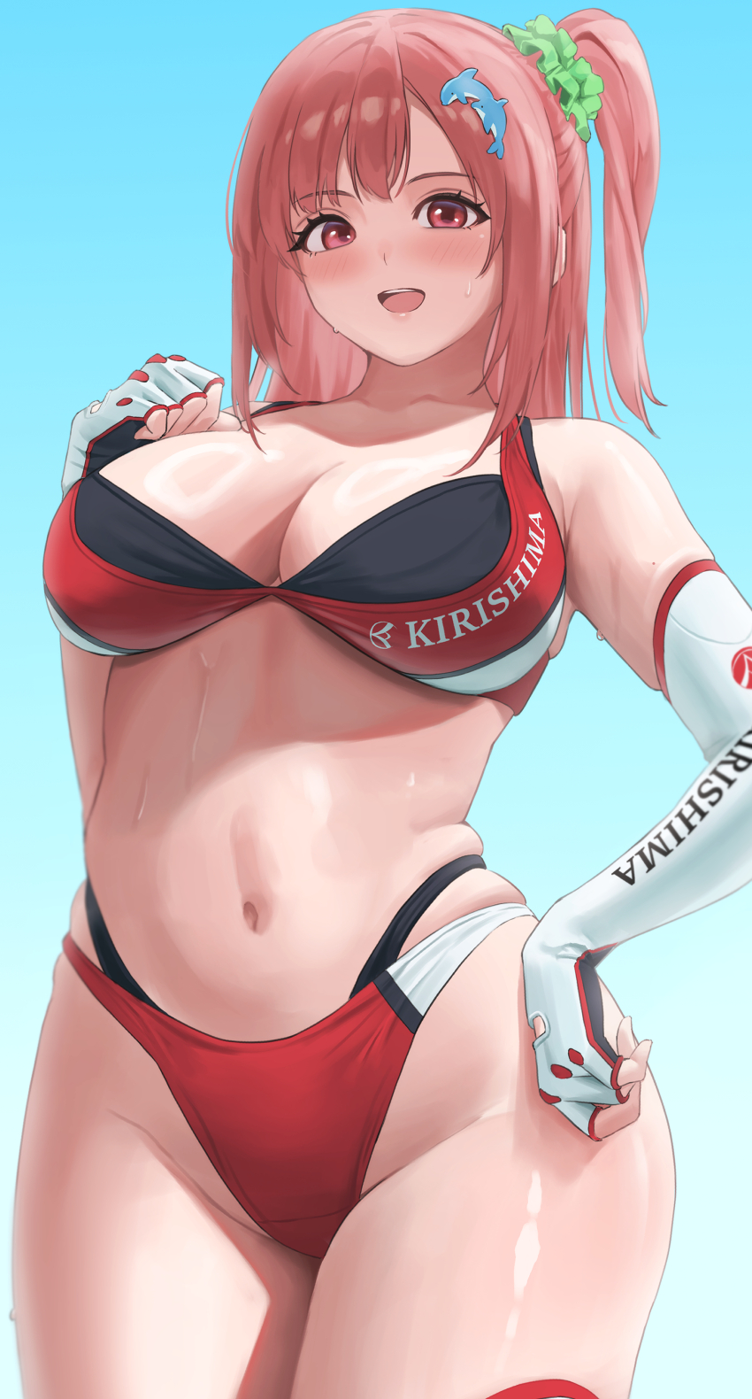 1girl absurdres bare_shoulders bikini breasts cleavage collarbone commentary_request cosplay dead_or_alive dead_or_alive_5 dead_or_alive_xtreme dolphin_hair_ornament dolphin_wave elbow_gloves fingerless_gloves gloves gradient_background hair_ornament hair_scrunchie hand_on_own_chest hand_on_own_hip hand_up highleg highleg_bikini highres hoki1314 honoka_(doa) lips long_hair medium_breasts navel open_mouth pink_hair ponytail red_eyes sakimiya_iruka sakimiya_iruka_(cosplay) scrunchie shiny_skin side_ponytail simple_background smile solo stomach swimsuit teeth upper_teeth_only