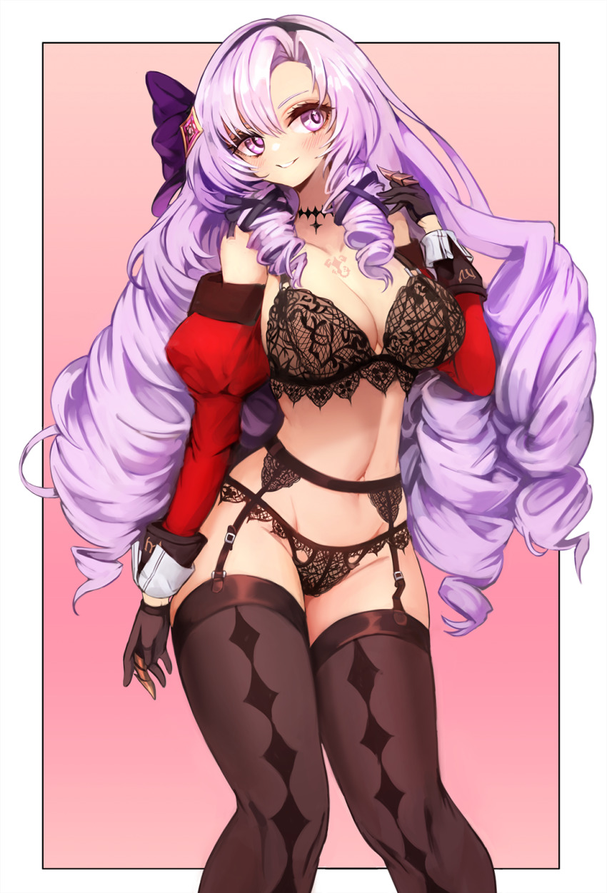 1girl black_bra black_garter_belt black_gloves black_hairband black_panties black_thighhighs blush border bra breasts chest_tattoo claw_ring cleavage contrapposto detached_sleeves drill_hair drill_sidelocks garter_belt gloves grin hair_ribbon hairband hand_up highres hyakumantenbara_salome hyakumantenbara_salome_(1st_costume) lace_trim large_breasts lingerie long_hair looking_to_the_side looking_up navel nijisanji notte panties parted_lips purple_eyes purple_hair purple_ribbon ribbon sidelocks smile solo tattoo thighhighs underwear underwear_only very_long_hair virtual_youtuber white_border