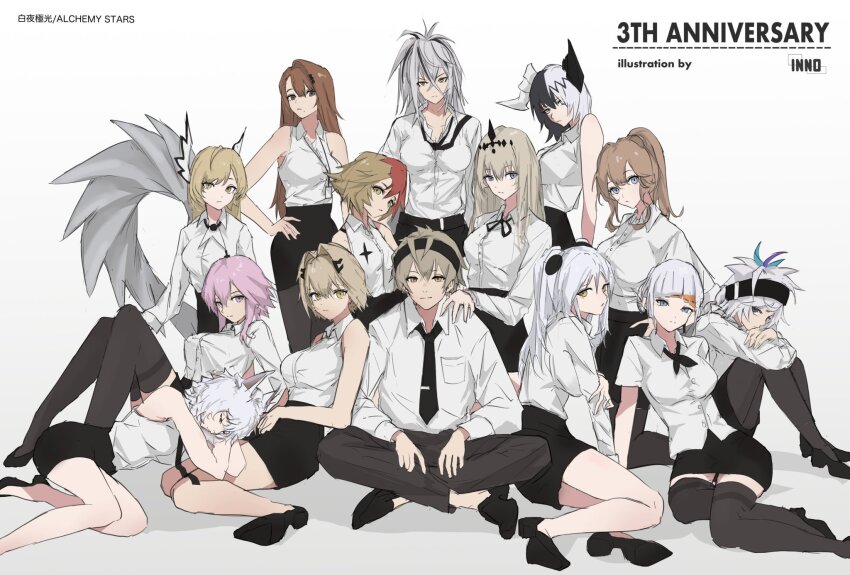 1boy 6+girls alchemy_stars angel_(alchemy_stars) animal_ears arm_on_another&#039;s_shoulder asymmetrical_bangs bare_legs bethlehem_(alchemy_stars) black_eyes black_footwear black_hair black_headband black_necktie black_pants black_pantyhose black_ribbon black_skirt black_thighhighs blonde_hair blue_eyes blue_hair blunt_bangs bra_strap breast_pocket breasts brown_hair carleen_(alchemy_stars) collared_shirt crossed_bangs crossed_legs double-parted_bangs dove_(alchemy_stars) dress_shirt english_text full_body grey_hair gronru_(alchemy_stars) group_picture hair_ornament hairclip hand_on_own_arm hand_on_own_hip headband high_heels high_ponytail highres hiiro_(alchemy_stars) horns id_card lanyard large_breasts leaning_on_person legs long_sleeves looking_at_viewer looking_to_the_side lying lying_on_lap medium_breasts messy_hair mole mole_under_mouth ms._blanc_(alchemy_stars) multicolored_hair multiple_girls navigator_(alchemy_stars) necktie office_lady on_floor orange_eyes orange_hair pants pantyhose parted_bangs parted_hair pencil_skirt philyshy_(alchemy_stars) pink_eyes pink_hair pocket ponytail red_hair reinhardt_(alchemy_stars) renshu_3594 ribbon sharona_(alchemy_stars) shirt shirt_tucked_in short_hair short_sleeves sidelocks simple_background siobhan_(alchemy_stars) sitting skirt sleeveless standing streaked_hair thighhighs twintails two-tone_hair vice_(alchemy_stars) vivian_(alchemy_stars) white_background white_shirt wing_hair_ornament winged_hair_ornament wings yellow_eyes
