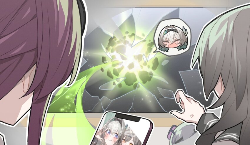 4girls black_hairband black_sailor_collar blush broken_glass closed_eyes eyewear_on_head firefly_(honkai:_star_rail) firefly_(spring_missive)_(honkai:_star_rail) glass gradient_hair grey_hair hair_between_eyes hair_intakes hair_ornament hairband honkai:_star_rail honkai_(series) itame_moyashi kafka_(honkai:_star_rail) multicolored_hair multiple_girls open_mouth purple_eyes purple_hair round_eyewear sailor_collar silver_wolf_(honkai:_star_rail) stelle_(honkai:_star_rail) sunglasses sweatdrop tinted_eyewear trailblazer_(honkai:_star_rail) v