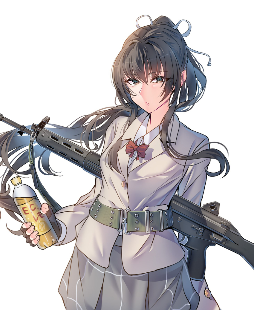 1girl arms_behind_back assault_rifle black_gloves blue_eyes bottle bow bowtie brown_hair daito expressionless fingerless_gloves gloves grey_skirt gun highres holding holding_bottle howa_type_89 jacket looking_at_viewer original pink_jacket red_bow red_bowtie rifle skirt solo weapon white_background
