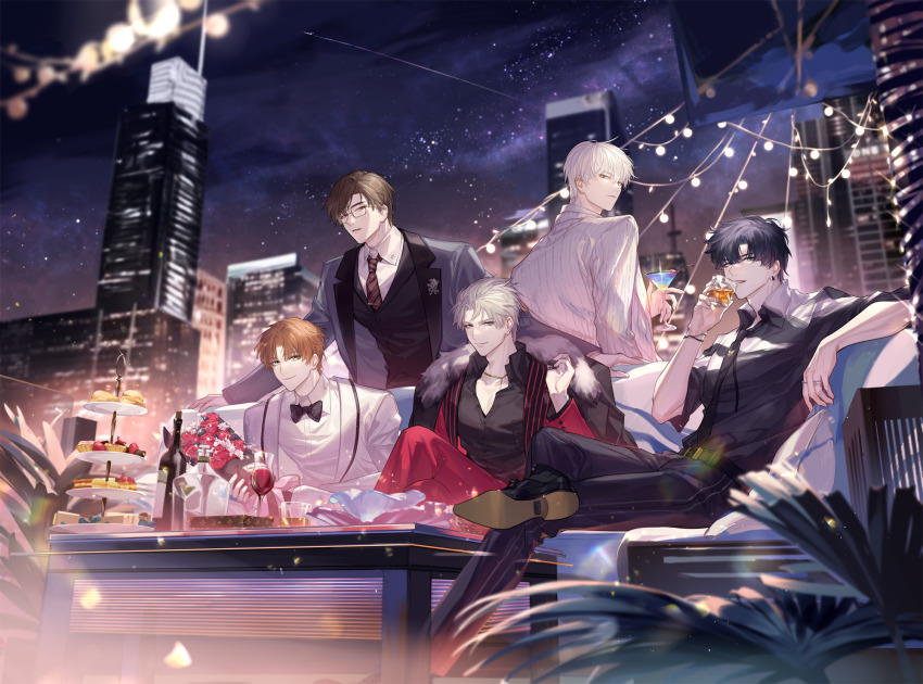 5boys :3 :d alcohol arm_rest belt belt_buckle black_belt black_bow black_bowtie black_coat black_hair black_necktie black_pants black_shirt black_vest blurry bouquet bow bowtie bracelet brown_hair buckle building charlie_su cherry chinese_commentary chocolate closed_mouth coat coat_on_shoulders cocktail_glass collared_shirt colored_lapels couch crossed_legs cup curtained_hair cushion depth_of_field diagonal-striped_clothes diagonal-striped_necktie drinking drinking_glass earrings expressionless figure_four_sitting flower food formal_clothes fruit fur-trimmed_coat fur_trim glasses green_eyes grey_hair grey_jacket group_picture hair_between_eyes hand_up highres holding holding_bouquet holding_cup jacket jewelry lapel_pin lapels leaning_back light_and_night_love light_blush light_particles long_sleeves looking_at_viewer looking_back lu_chen macaron male_focus multiple_boys multiple_rings necklace necktie night notched_lapels open_clothes open_collar open_jacket open_mouth orange_hair outdoors pants parted_bangs parted_lips pinstripe_pattern pinstripe_shirt plant purple_eyes qi_sili qinnye red_eyes red_flower red_jacket red_necktie red_pants red_rose red_suit red_wine ring rose scone shawl_lapels shirt shoe_soles short_hair sitting sky skyscraper sleeves_rolled_up smile standing star_(sky) starry_sky string_of_light_bulbs striped_clothes suit suit_jacket swept_bangs table tart_(food) thumb_ring tie_clip tiered_tray traditional_bowtie upper_body vest white_flower white_hair white_jacket white_pants white_shirt white_suit wine wine_glass xia_mingxing xiao_yi_(light_and_night_love) yellow_eyes