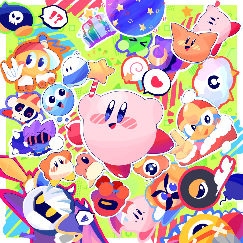 !? &gt;_&lt; ? \n/ ^_^ apple armor arms_up axe_knight_(kirby) ball_and_chain_(weapon) bandaid baseball_cap blue_eyes blue_outline blush blush_stickers bomb bomber_(kirby) border bubbles_(kirby) candy closed_eyes cloud commentary_request crescent crossed_bandaids explosive flail flying_sweatdrops food fountain fountain_of_dreams frog fruit green_background hairband hat heart heavy_mole helmet highres holding holding_sword holding_umbrella holding_weapon invincible_candy javelin_knight king_dedede kirby&#039;s_adventure kirby_(series) kracko lollipop looking_at_viewer mace_knight mask meta_knight mr._tick_tock nintendo no_humans notice_lines omame_sakana one-eyed open_mouth orange_outline outline outside_border paint_roller_(kirby) pauldrons pink_outline purple_outline red_hairband red_headwear red_outline roller_skates scarfy shoulder_armor simple_background skates skull slippy_(kirby) smile smoke sparky_(kirby) speech_bubble spiked_ball_and_chain spikes spoken_heart spoken_question_mark spoken_squiggle squiggle star_(symbol) star_in_eye star_rod swirl_lollipop sword symbol_in_eye triangle trident_knight ufo ufo_(kirby) umbrella v v-shaped_eyebrows waddle_dee waddle_doo weapon wheelie_(kirby) white_border white_outline wings yellow_eyes