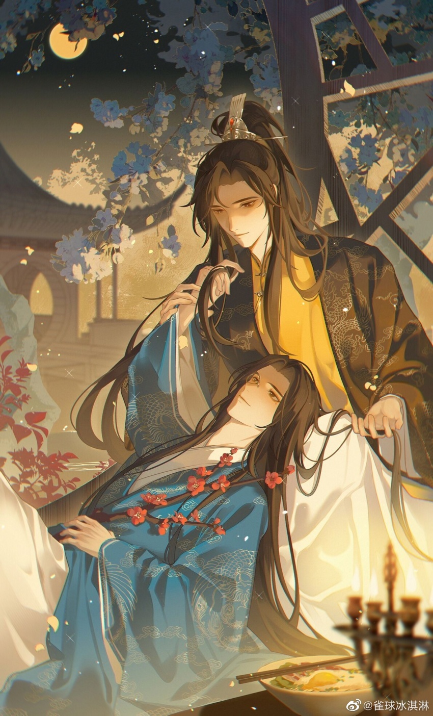 2boys architecture black_coat black_hair blue_coat bowl branch brown_eyes candlestand chang_geng cherry_blossoms chinese_clothes chopsticks closed_mouth coat cowboy_shot curtained_hair east_asian_architecture egg_(food) eye_contact feet_out_of_frame flower food full_moon gu_yun hanfu high_ponytail highres holding holding_another&#039;s_hair holding_another&#039;s_wrist holding_branch jacket lap_pillow long_hair long_sleeves looking_at_another looking_down lying male_focus mole mole_under_eye monocle moon multiple_boys night noodles on_back open_clothes open_coat parted_bangs plant plum_blossoms ponytail que_qiu_bingqilin red_flower robe rock sha_po_lang sidelocks sitting smile table tree watermark weibo_watermark white_flower white_robe wide_sleeves xiao_guan_(headdress) yaoi yellow_jacket