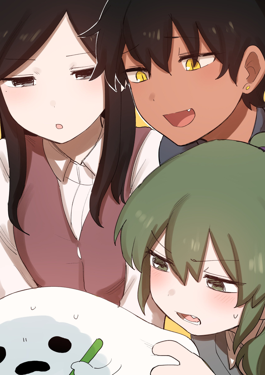 3girls absurdres black_eyes black_hair blush brown_hair collared_shirt dress_shirt earrings fang grabbing green_eyes green_hair grey_jacket grey_shirt highres holding holding_pencil igarashi_futaba jacket jewelry kurobe_natsumi light_blush looking_down multiple_girls open_mouth pencil pink_vest ponytail sakurai_touko senpai_ga_uzai_kouhai_no_hanashi shiromanta shiromanta_(character) shirt short_hair simple_background slit_pupils straight_hair sweat sweatdrop tan teeth vest white_shirt yellow_background yellow_eyes