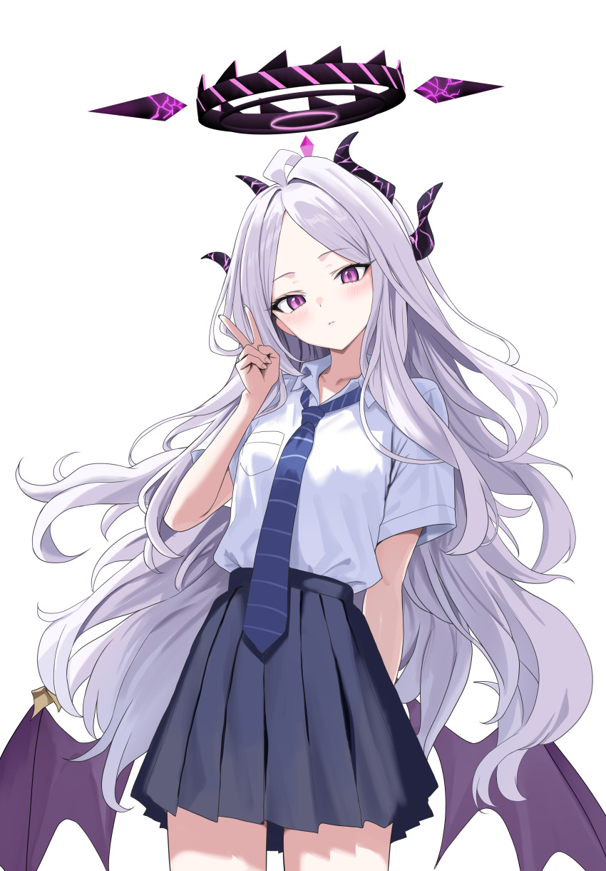 1girl absurdres ahoge alternate_costume arm_behind_back black_halo black_skirt blue_archive blue_necktie breast_pocket closed_mouth collared_shirt commentary_request demon_girl demon_horns demon_wings hair_intakes halo hand_up head_tilt hidis0086 highres hina_(blue_archive) horns long_hair looking_at_viewer low_wings multiple_horns necktie pleated_skirt pocket purple_eyes purple_wings school_uniform shirt shirt_tucked_in short_sleeves simple_background skirt solo striped_necktie v white_background white_hair white_shirt wings