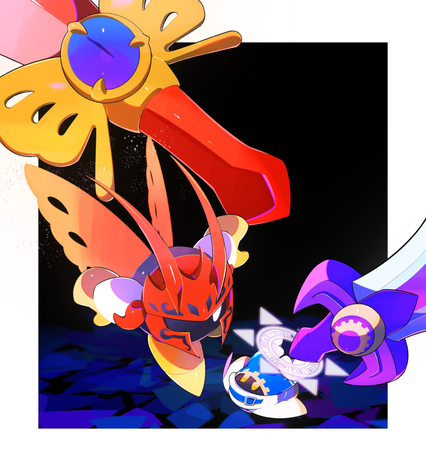 armor battle butterfly_wings gloves highres huge_weapon insect_wings kanianoreki kirby_star_allies kirby_(series) looking_at_another magolor morpho_knight nintendo no_humans pauldrons shoes shoulder_armor ultra_sword weapon white_eyes wings yellow_eyes yellow_gloves yellow_shoes