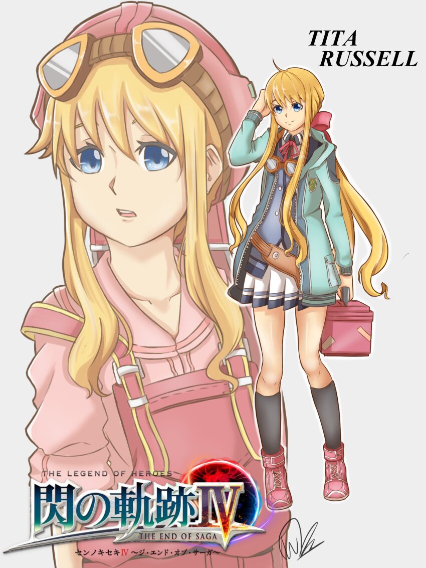 1girl absurdres blonde_hair blue_eyes bow bowtie box breasts commentary eiyuu_densetsu english_commentary floating_hair full_body goggles goggles_around_neck goggles_on_head hair_between_eyes hair_bow hat highres himwi holding holding_box jacket logo long_hair sen_no_kiseki sen_no_kiseki_(series) sen_no_kiseki_iv sidelocks signature simple_background skirt small_breasts sora_no_kiseki suspenders tita_russell toolbox upper_body white_background