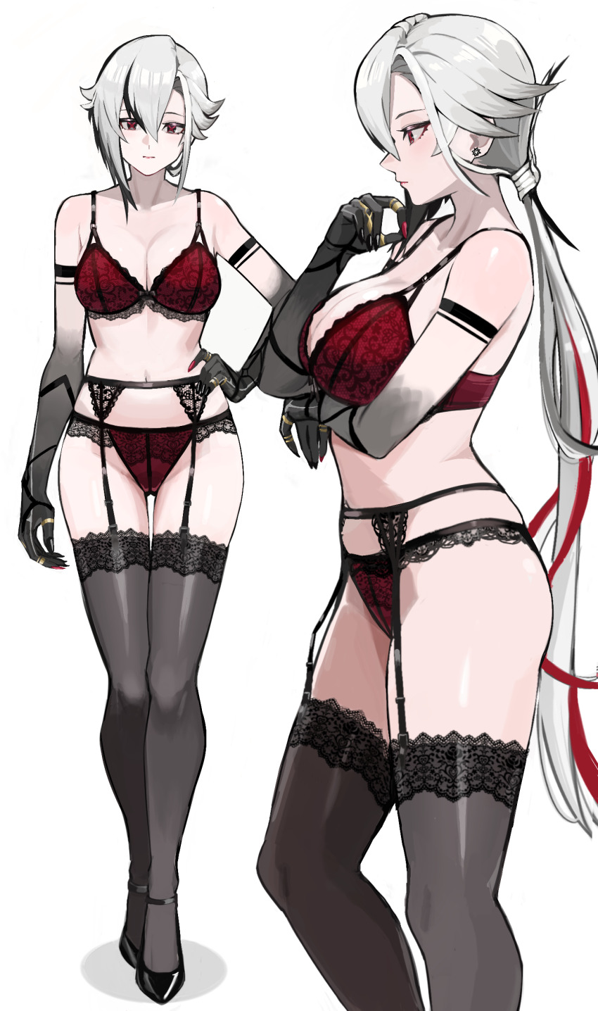 1girl absurdres alternate_hair_length alternate_hairstyle arlecchino_(genshin_impact) arm_under_breasts ayatak0517 black_eyes black_garter_belt black_thighhighs bra breasts claw_ring earrings from_side full_body garter_belt genshin_impact hand_on_own_hip high_heels highres jewelry large_breasts lingerie long_hair multicolored_hair multiple_views panties red_bra red_eyes red_panties short_hair streaked_hair stud_earrings symbol-shaped_pupils thighhighs underwear underwear_only very_long_hair white_hair x-shaped_pupils