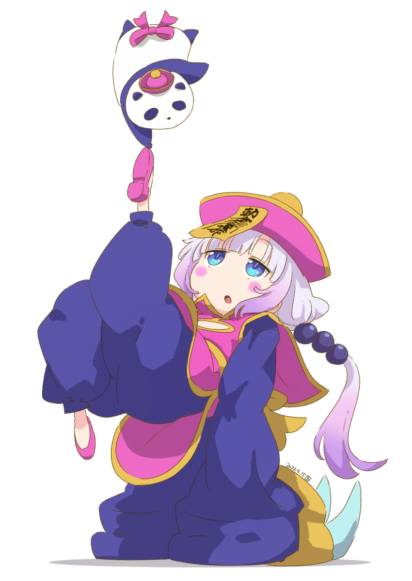 1girl :o beads blue_eyes blue_pants blunt_bangs chinese_clothes claws commentary_request cosplay darkstalkers dated full_body gradient_hair hair_beads hair_ornament handstand hat highres hsien-ko hsien-ko_(cosplay) jiangshi_costume kanna_kamui kobayashi-san_chi_no_maidragon leg_up light_purple_hair long_hair long_sleeves looking_up low_twintails multicolored_hair ofuda panda pants pink_hat pink_shoes puffy_pants qingdai_guanmao samansa_ex shoes simple_background slit_pupils solo twintails white_background wide_sleeves