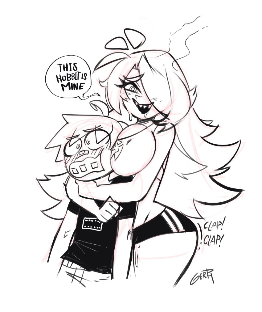 1boy 1girl absurdres ass blush breasts gerph highres hug large_breasts long_hair monochrome original sharp_teeth shorts size_difference skarpne smile sweat teeth wide_hips