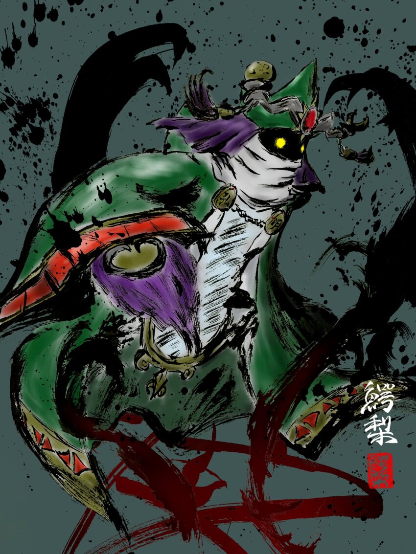 ancientwisemon digimon digimon_(creature) digimon_frontier floating hand_fan highres mirror solo ten_legendary_warriors yellow_eyes