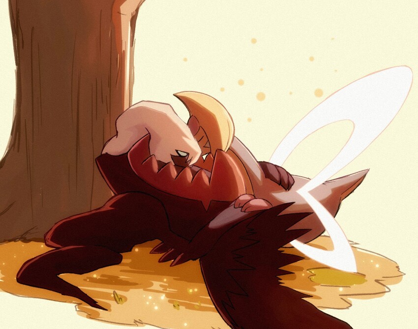 animal_focus ashita_mo cheek-to-cheek colored_lineart commentary_request cresselia cuddling darkrai dusk full_body gen_4_pokemon grass green_eyes hand_on_another&#039;s_back heads_together holding_hands legendary_pokemon light_particles long_hair looking_at_another lying lying_on_another mythical_pokemon nintendo no_humans on_back on_ground pokemon pokemon_(creature) sidelighting simple_background sky sparkle tree white_hair yellow_sky
