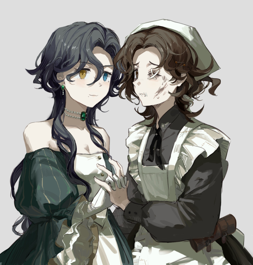 2girls :3 absurdres apron bare_shoulders black_dress black_hair blue_eyes breasts brown_eyes brown_hair cleavage dirty dirty_face dongfang_shuyechu dress earrings frilled_apron frills furrowed_brow genderswap genderswap_(mtf) gloves green_dress grey_background hands_up headscarf highres holding_hands identity_v interlocked_fingers jewelry juliet_sleeves long_hair long_sleeves maid matthias_czernin multiple_girls off-shoulder_dress off_shoulder pearl_choker puffy_long_sleeves puffy_sleeves richard_sterling stitched_eye stitched_mouth stitches white_apron white_gloves white_headscarf yellow_eyes