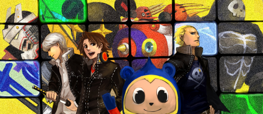 6+boys :d atlus bear belt black_eyes blonde_hair blue_hair brown_eyes brown_hair bullet cryushisa cyrushisa grey_eyes grey_hair hand_on_own_hip headphones headphones_around_neck hip_focus izanagi_(persona_4) jacket jacket_on_shoulders jewelry jiraiya_(persona_4) katana kintoki-douji kuma_(persona_4) long_sleeves loose_clothes loose_shirt male_focus multiple_boys necklace open_mouth pants persona persona_4 school_uniform shirt short_hair skull_and_crossbones smile standing sword take-mikazuchi waving weapon white_shirt widow&#039;s_peak