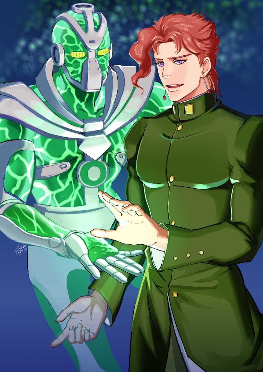absurdres earrings gakuran green_gakuran hierophant_green highres jewelry jojo_no_kimyou_na_bouken kakyoin_noriaki linkget5501 open_mouth purple_eyes red_hair school_uniform signature simple_background smile stand_(jojo) star_(symbol) star_symbol_background stardust_crusaders