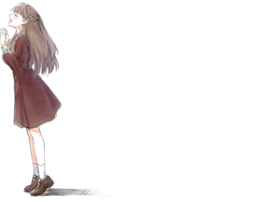 1girl :d ^_^ aqua_neckerchief blush brown_dress brown_hair brown_shoes closed_eyes commentary dress fujishima_megumi full_body hands_up hasu_no_sora_school_uniform link!_like!_love_live! loafers long_hair long_sleeves love_live! medium_dress neckerchief negative_space open_mouth pleated_dress profile sailor_collar sailor_dress school_uniform shadow shoes simple_background smile socks solo thumbnail_collage tiptoes two_side_up virtual_youtuber white_background white_sailor_collar white_socks winter_uniform zenma_trang