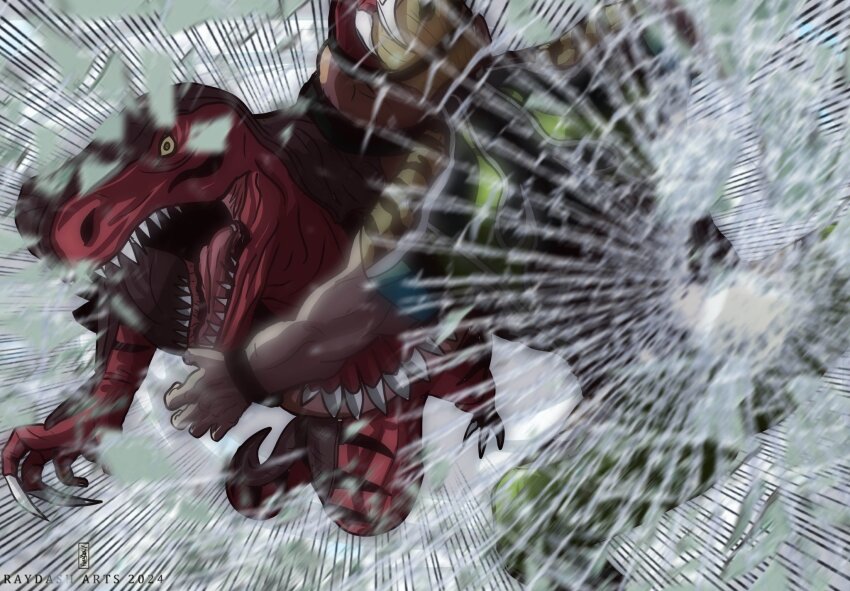 animal_head animal_print blonde_hair boots dinosaur_boy dinosaur_costume dinosaur_tail eyepatch fingerless_gloves gloves highres king_of_dinosaurs luchador luchador_mask male_focus multiple_boys muscular muscular_male open_mouth ramon_(kof) raydash30 shirt short_hair snk tail the_king_of_fighters the_king_of_fighters_xiv tiger_print tight_clothes tight_shirt wrestler wrestling_mask
