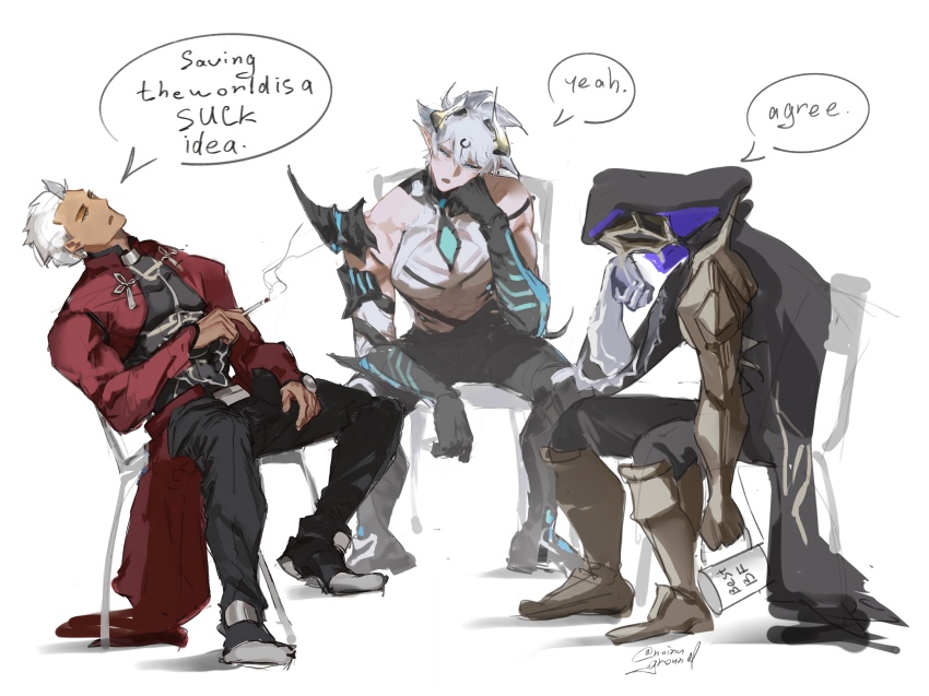 3boys absurdres archer_(fate) armored_gloves black_hood black_pants black_shoes boots cape chair cigarette dark-skinned_male dark_skin english_text fate/stay_night fate_(series) flame_reaver_of_the_deepest_dark gold_boots gold_gloves highres hino_satoshi holding holding_cigarette honkai:_star_rail honkai_(series) honkai_impact_3rd horns kevin_kaslana kevin_kaslana_(diabolic) male_focus multiple_boys noiruground on_chair pants red_cape shoes short_hair simple_background sitting speech_bubble spikes topless_male voice_actor_connection white_background white_hair