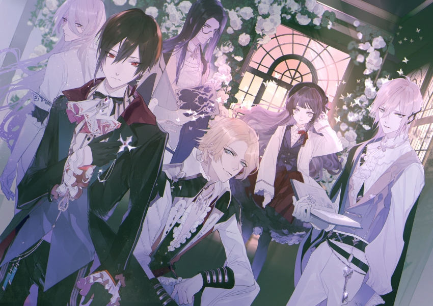 1girl 5boys alkaid_mcgrath alkaid_mcgrath_(godheim) aqua_eyes ascot asymmetrical_sidelocks ayn_alwyn ayn_alwyn_(godheim) belt beret black_belt black_cape black_coat black_gloves black_hair black_hat black_pants black_ribbon blonde_hair blue_eyes blue_hair blue_vest blunt_bangs book braid bug butterfly cael_anselm cael_anselm_(godheim) cape cardigan center_frills clarence_clayden clarence_clayden_(godheim) closed_mouth coat collared_coat collared_shirt cowboy_shot curtained_hair dark_blue_hair dutch_angle ear_covers earrings elbow_gloves expressionless flower frilled_skirt frilled_sleeves frills gloves gold_collar gold_necklace green_eyes grey_vest hair_between_eyes hair_ribbon half_gloves hand_on_own_chest hat heroine_(lovebrush_chronicles) highres holding holding_book indoors insect jewelry key lapel_pin lapels lars_rorschach lars_rorschach_(godheim) long_bangs long_hair long_sleeves looking_at_viewer looking_back lovebrush_chronicles medium_hair monocle multiple_boys muntins neck_ribbon necklace nickel_nike notched_lapels on_one_knee open_book open_cardigan open_clothes open_coat pants parted_bangs parted_lips plant plunging_neckline purple_eyes red_eyes red_ribbon red_skirt ribbon rose shawl_lapels shirt short_hair side_braid side_cape sideways_glance single_ear_cover single_earring skirt sleeve_cuffs smile standing striped_clothes striped_shirt tucking_hair very_long_hair vest vines white_ascot white_cardigan white_coat white_flower white_hair white_pants white_rose white_shirt window