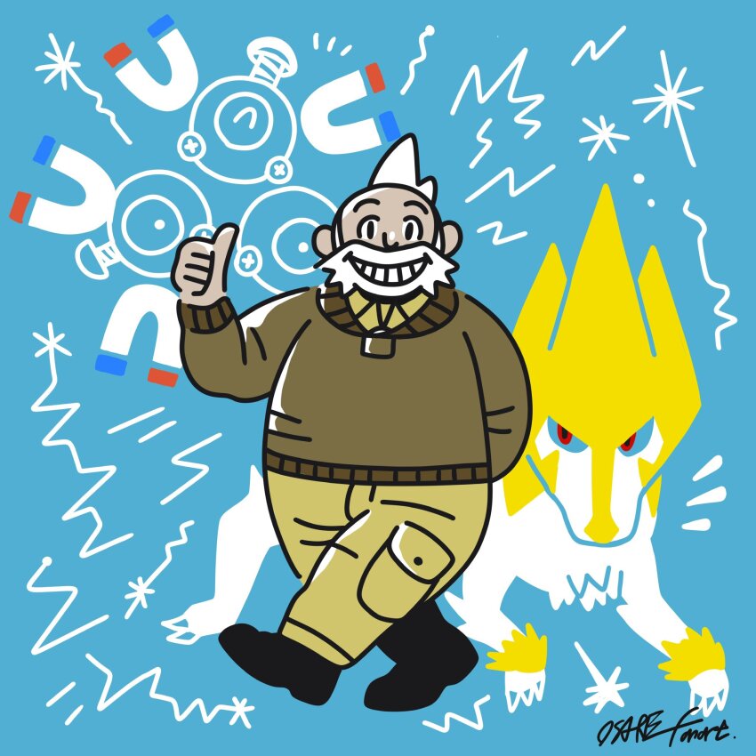 1boy beard facial_hair gen_1_pokemon gen_3_pokemon highres long_sleeves looking_at_viewer magneton male_focus manectric nintendo osare_graffiti pokemon pokemon_(creature) pokemon_rse smile thumbs_up wattson_(pokemon) white_hair