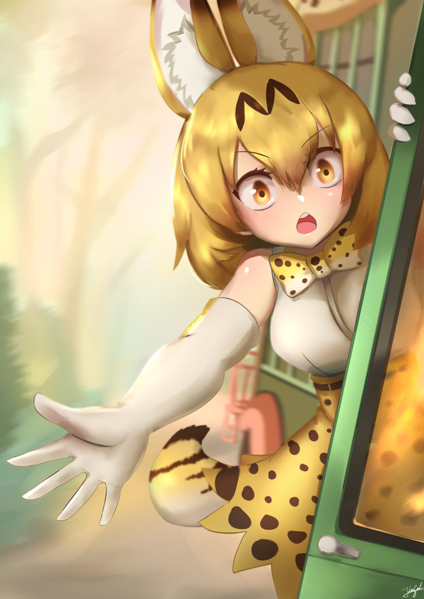 1girl animal_ear_fluff animal_ears animal_print bare_shoulders blonde_hair blurry blurry_background bow bowtie commentary day elbow_gloves english_commentary extra_ears eyes_visible_through_hair gloves hair_between_eyes high-waist_skirt highres japari_bus john_(a2556349) kemono_friends looking_at_viewer open_mouth outdoors outstretched_arm print_bow print_bowtie print_skirt reaching reaching_towards_viewer serval_(kemono_friends) shirt signature skirt sleeveless sleeveless_shirt solo tail traditional_bowtie v-shaped_eyebrows white_shirt yellow_eyes