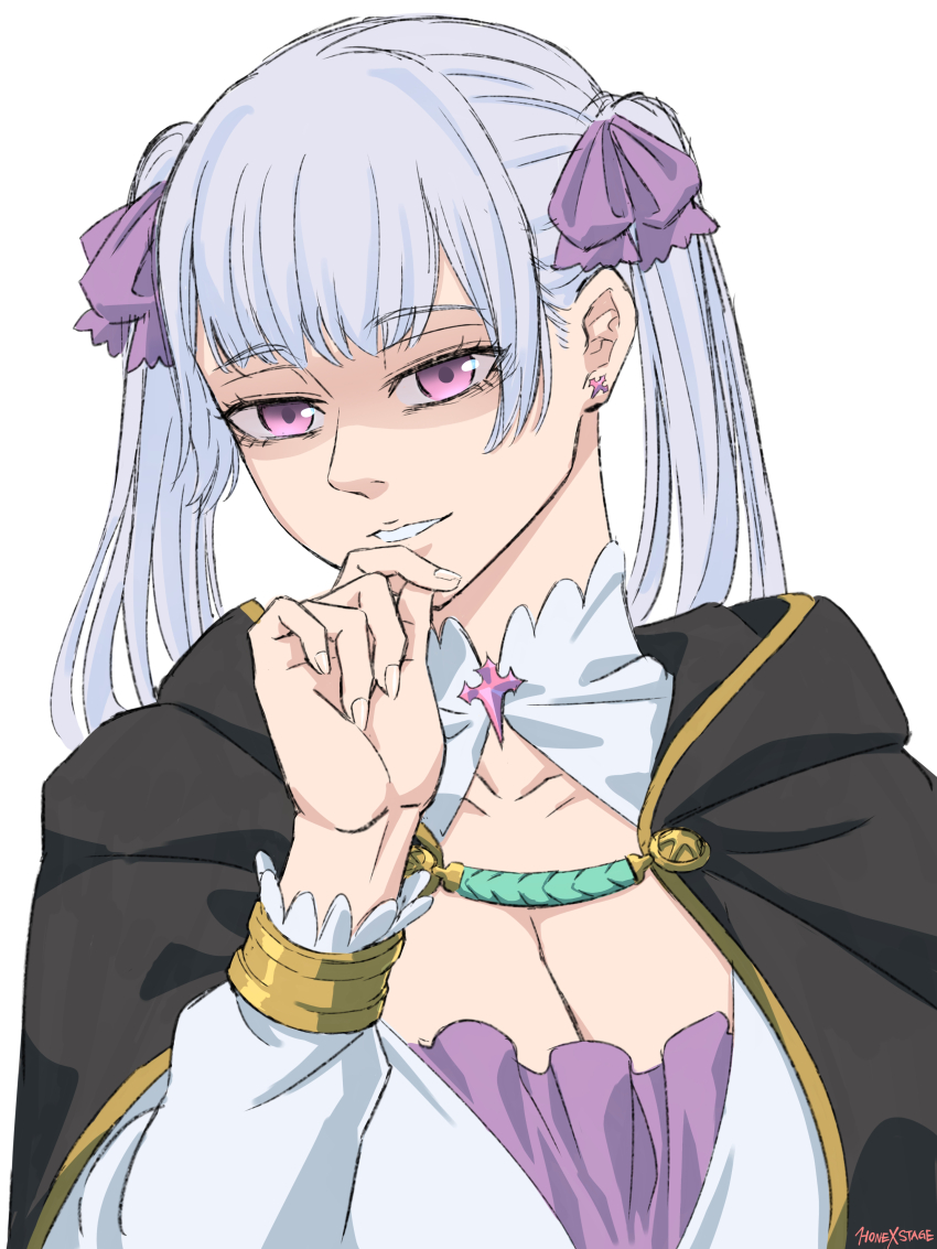 1girl black_clover breasts cleavage earrings jewelry large_breasts long_hair noelle_silva purple_eyes solo twintails white_hair