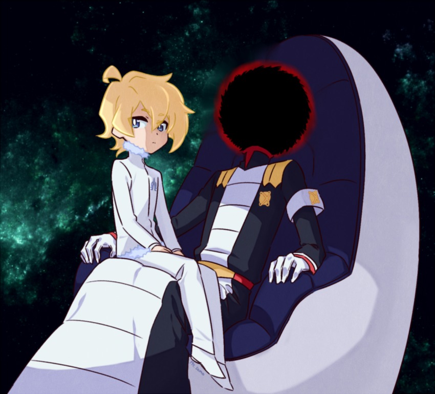 10s 2boys ahoge alpha_omega_nova armband artist_name black_hole blackholian blonde_hair blue_eyes chair faceless fur_trim gloves jacket looking_at_viewer mt.somo multiple_boys pants sitting sitting_on_lap sitting_on_person spoilers uchuu_patrol_luluco white_gloves white_jacket white_pants