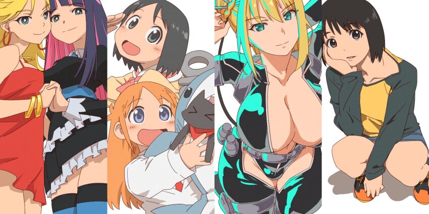 6+girls aonori_misuji black_hair blonde_hair blue_eyes blue_hair bob_cut breasts bright_pupils cleavage closed_mouth colored_inner_hair denim denim_skirt dress highres large_breasts long_hair long_sleeves looking_at_viewer medium_breasts multicolored_hair multiple_girls nakahara_misaki nancy_lee nhk_ni_youkoso! nichijou ninja_slayer open_mouth panty_&amp;_stocking_with_garterbelt panty_(psg) pink_hair professor_shinonome raglan_sleeves sakamoto_(nichijou) shinonome_nano shirt short_hair siblings simple_background sisters skirt smile stocking_(psg) striped_clothes striped_thighhighs thighhighs two-tone_hair white_background white_pupils yellow_shirt