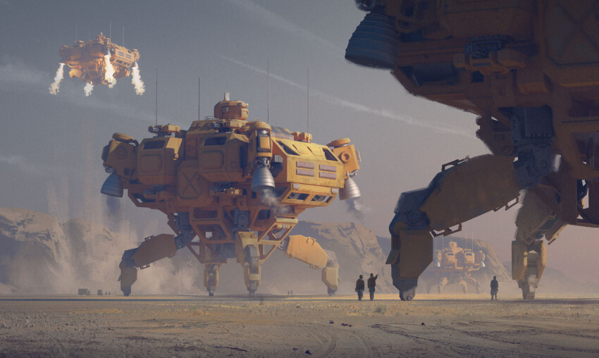 3others aircraft airship dieselpunk highfleet highres landing_gear mechanical_legs military_vehicle multiple_others nozzle radio_antenna rocket_engine ship smoke tagme thomas_puggelli thrusters vehicle_focus watercraft