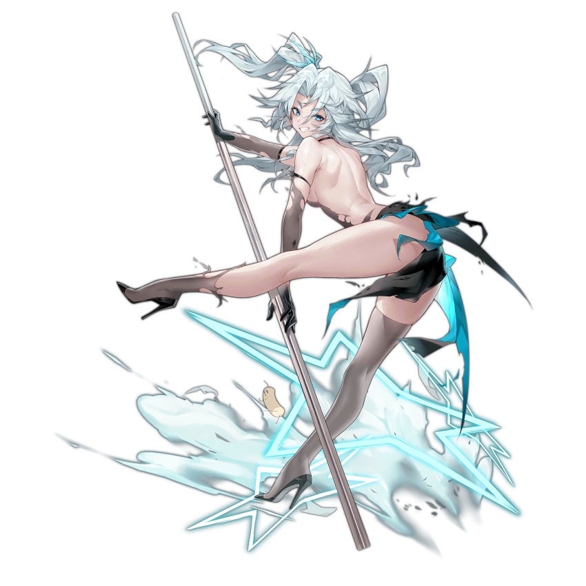 1girl artist_self-insert ass back bare_shoulders black_gloves black_shoes blue_eyes breasts dress elbow_gloves from_behind full_body girls&#039;_frontline gloves grin hair_between_eyes hair_ornament heart heart-shaped_pupils high_heels highres holding holding_pole legs long_hair looking_at_viewer looking_back medium_breasts official_alternate_costume official_art pa-15_(girls&#039;_frontline) pa-15_(light-treading_night)_(girls&#039;_frontline) pole pole_dancing see-through_clothes see-through_dress see-through_gloves see-through_thighhighs shanyao_jiang_tororo shoes simple_background skindentation smile solo standing star_(symbol) symbol-shaped_pupils thighhighs thighs third-party_source torn_clothes torn_dress torn_gloves torn_thighhighs transparent_background