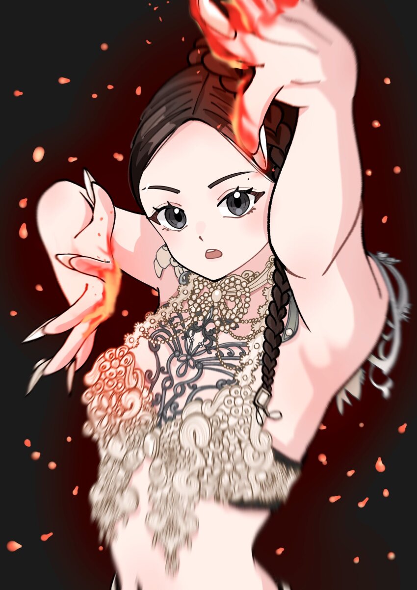 1girl blackpink braid brown_hair commentary embers eyelashes fingernails fire halterneck highres jennie_(blackpink) k-pop long_fingernails mole open_mouth real_life samarundao simple_background solo upper_body white_nails
