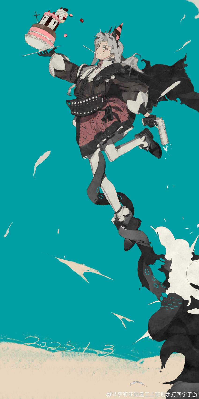 1girl absurdres arknights balancing bandolier belt birthday_cake black_jacket black_shoes cake capelet chinese_commentary commentary_request cross_scar dated finger_on_trigger firing food grey_hair gun handgun hat highres holding holding_gun holding_weapon irene_(arknights) jacket pantyhose party_hat patterned_clothing pink_pupils pink_skirt puffy_sleeves regen_(gp2yt17) scar scar_across_eye scar_on_face shoes shoulder_strap skirt solo tentacles utensil_in_mouth watermark weapon weibo_watermark white_capelet white_pantyhose white_sleeve_cuffs